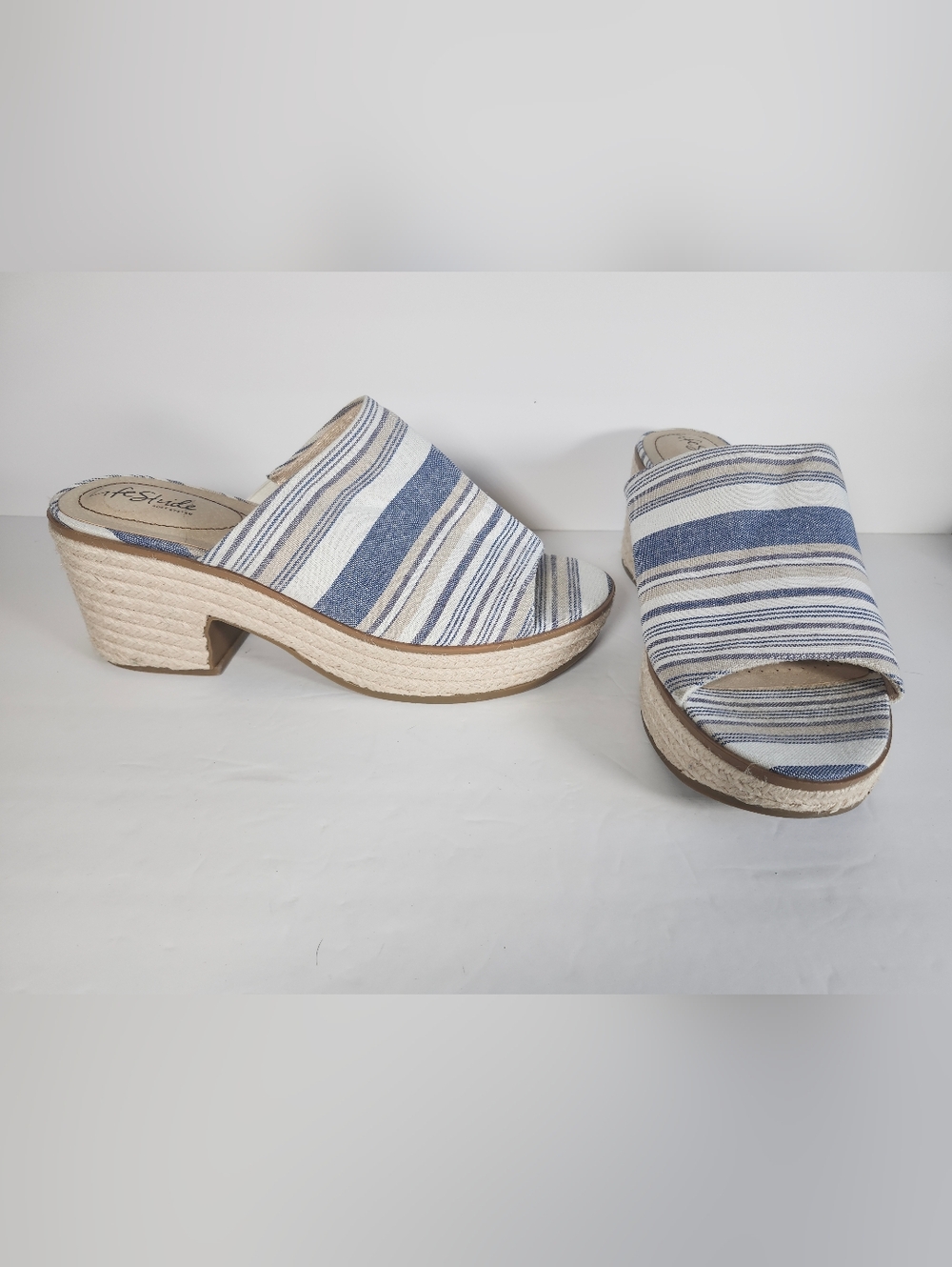 LifeStride Paradise BLU WHT Tan Stripe Open Toe Espradille Heel Mules S 11W NEW